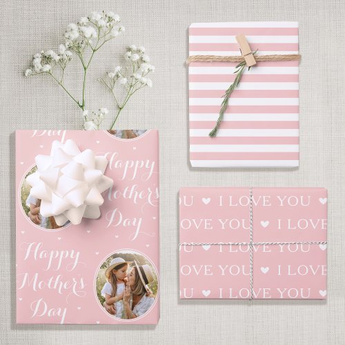 Happy Mothers Day Custom Photo Pastel Pink 3 Wrapping Paper Sheets