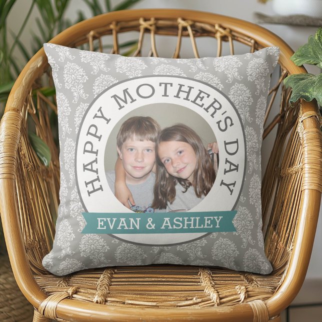 Happy Mother's Day - Custom Photo Template damask Throw Pillow (Custom Photo Pillow - Add Your Own Pics!)