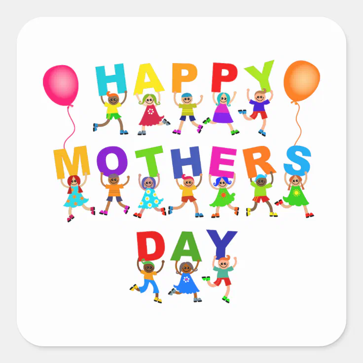 Happy Mothers Day Cute Cartoon Diverse Kids Text Square Sticker | Zazzle Happy Mothers Day Cute Cartoon Diverse Kids Text Square Sticker | Zazzle