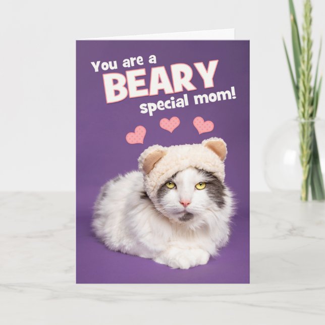 Happy Mother's Day Cute Cat in Bear Hat Humor  Holiday Card (Front)