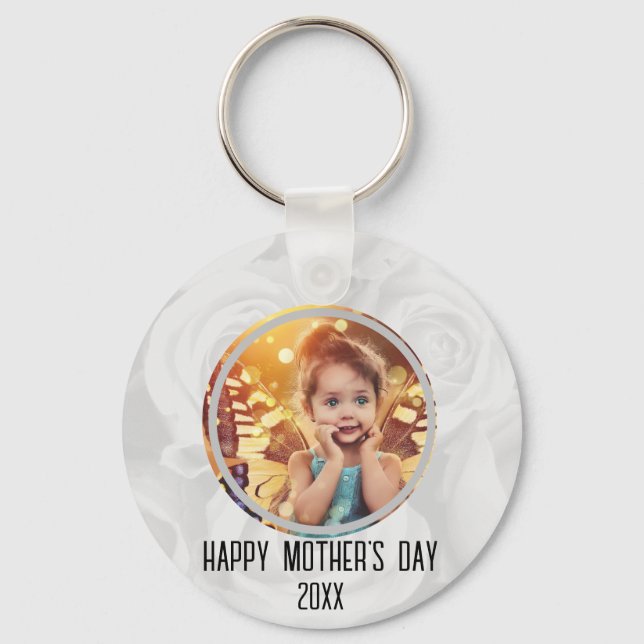 Happy Mothers Day Cute Child Photo Floral Keychain (Front)