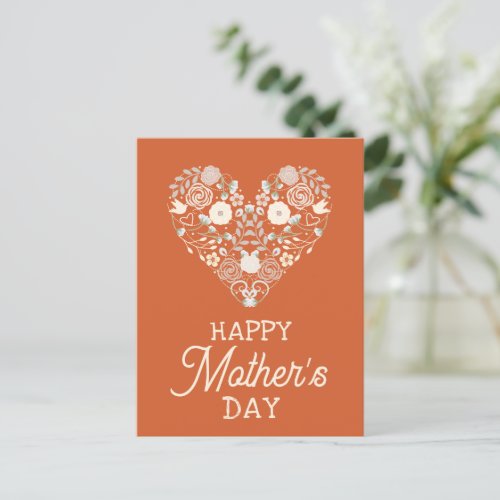 Happy Mothers Day Cute Floral Heart Orange Minimal Postcard