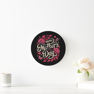 Happy Mothers Day Cute Floral Mom Round Clock