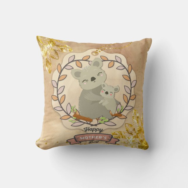 Happy Mother's Day Cute Fun Koala Bear and Baby Throw Pillow (Front)