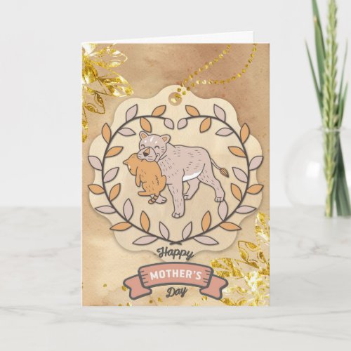 Happy Mothers Day Cute Fun Lion and Cup Card
