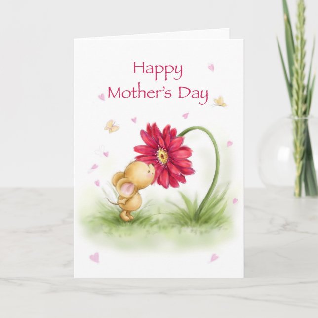 Happy mother's Day, cute mouse kissing flower Card (Front)
