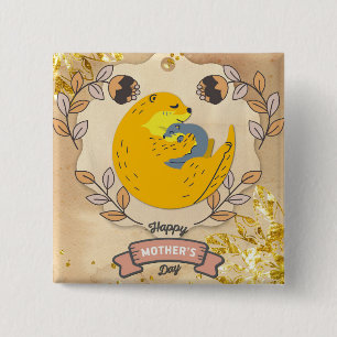 Happy Mother's Day Cute Otter and Baby Floral Button