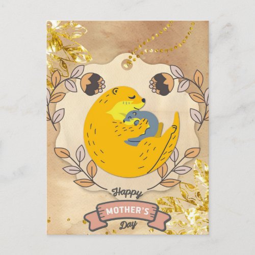 Happy Mothers Day Cute Otter and Baby Floral Postcard