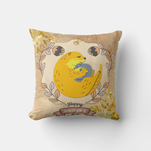 Happy Mothers Day Cute Otter and Baby Floral Throw Pillow