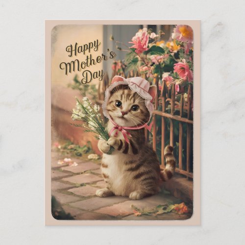 Happy Mothers Day Cute Vintage Cat Retro Postcard