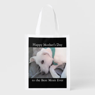 Happy Mother's Day Cute White Puppy Dog Black Groc Grocery Bag