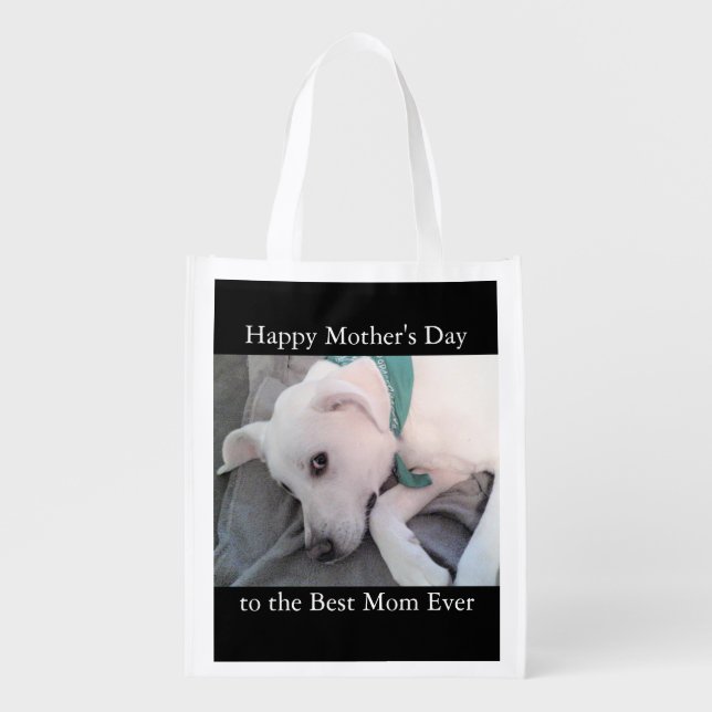 Happy Mother's Day Cute White Puppy Dog Black Groc Grocery Bag (Front)