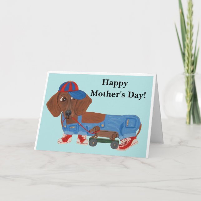 Happy Mother's Day Dachshund with pull toy Holiday Card (Front)
