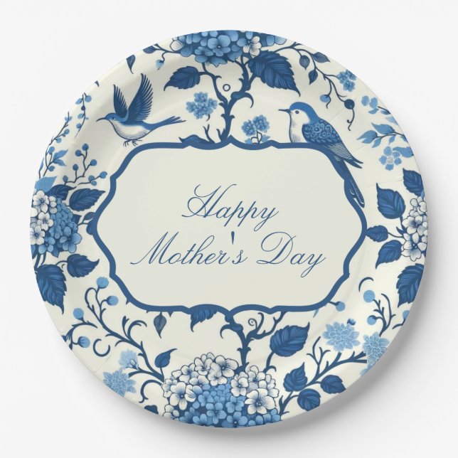 Happy Mother's Day Elegant Blue Chinoiserie Floral Paper Plates (Front)