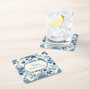 Happy Mother's Day Elegant Blue Chinoiserie Floral Square Paper Coaster