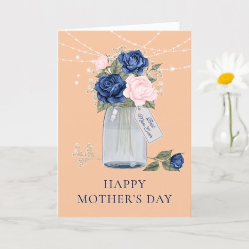 Happy Mothers Day Elegant Blue Pink Floral Photo Card