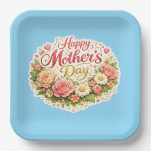 Happy Mother's Day elegant floral wreath blue Paper Plates
