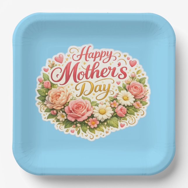 Happy Mother's Day elegant floral wreath blue Paper Plates (Front)