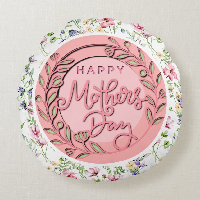 Happy Mother's Day Elegant Modern Photo Round Pillow (Front)
