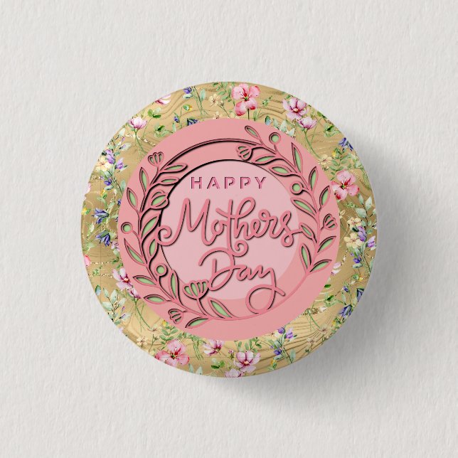 Happy Mother's Day Elegant Modern Pink Floral Button (Front)