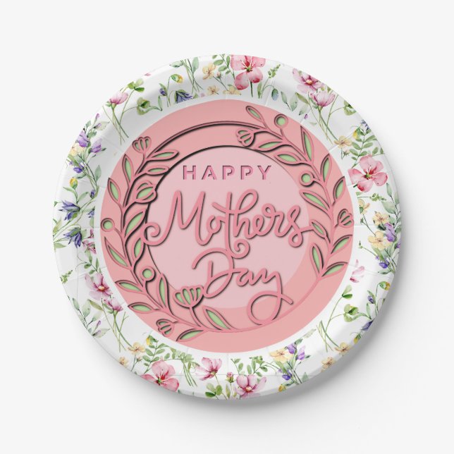 Happy Mother's Day Elegant Modern Pink Floral Paper Plates (Front)