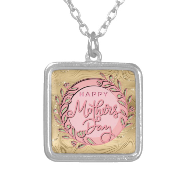 Happy Mother's Day Elegant Modern Pink Floral Silver Plated Necklace (Front)