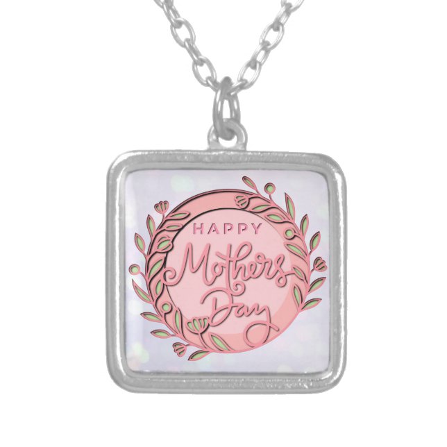 Happy Mother's Day Elegant Modern Pink Floral Silver Plated Necklace (Front)