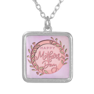 Happy Mother's Day Elegant Modern Pink Floral Silver Plated Necklace