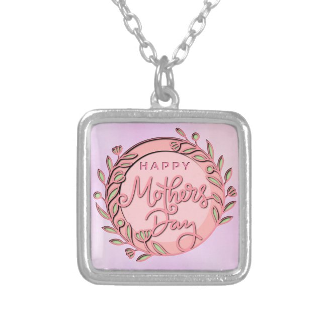 Happy Mother's Day Elegant Modern Pink Floral Silver Plated Necklace (Front)