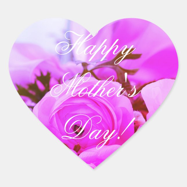Happy Mother's Day Elegant Pink Purple Rose Floral Heart Sticker (Front)