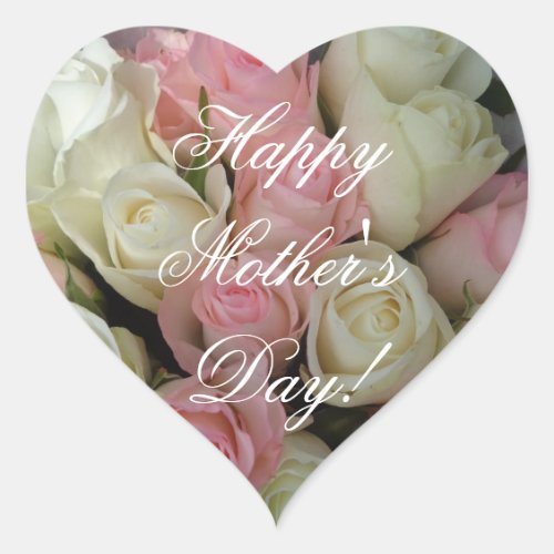 Happy Mothers Day Elegant Pink White Roses Floral Heart Sticker