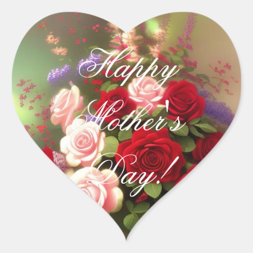 Happy Mothers Day Elegant Red Pink Roses Floral Heart Sticker