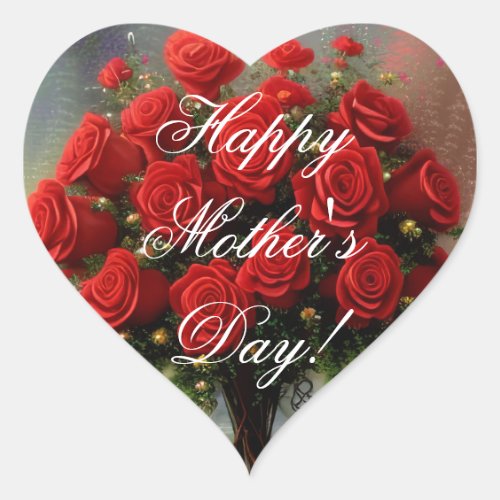 Happy Mothers Day Elegant Red Roses Floral Heart Sticker