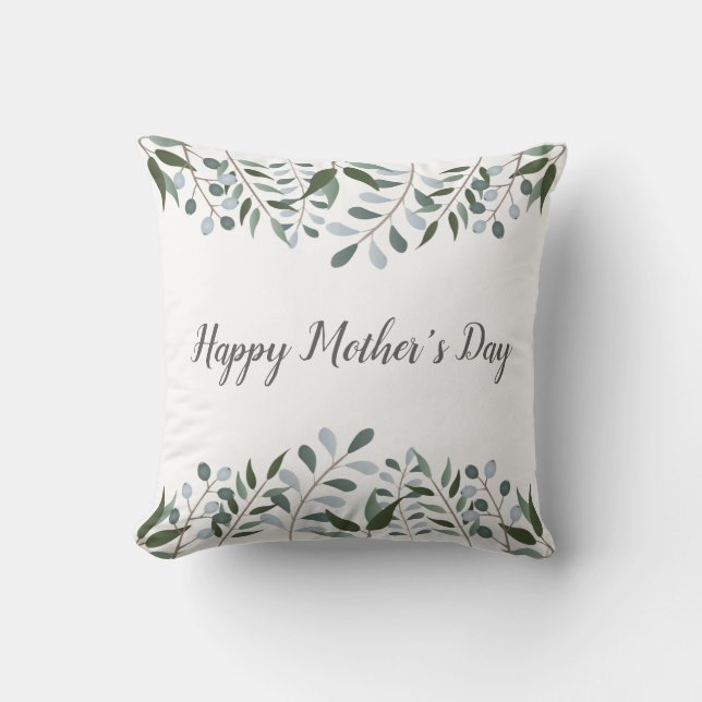 Happy Mothers Day Eucalyptus Greenery Floral Throw Pillow (Front)