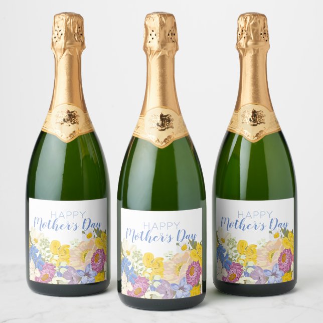Happy Mother's Day Floral Blooms  Sparkling Wine Label (Bottles)