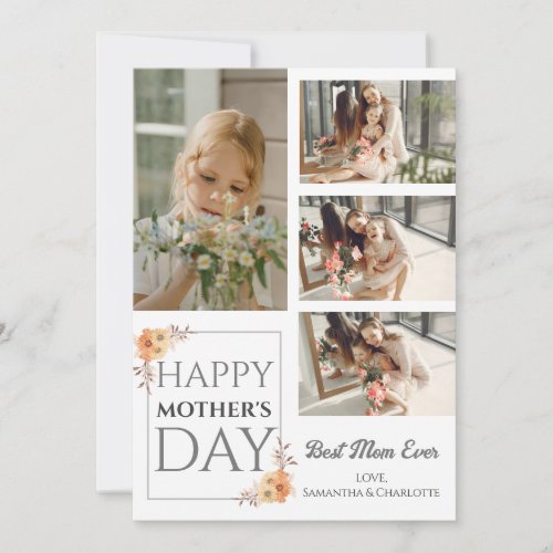 Happy Mothers Day  Floral Elegant Script 4 Photo Holiday Card
