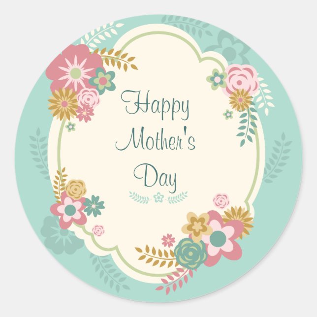 Happy Mother's Day Floral Frame Classic Round Sticker (Front)