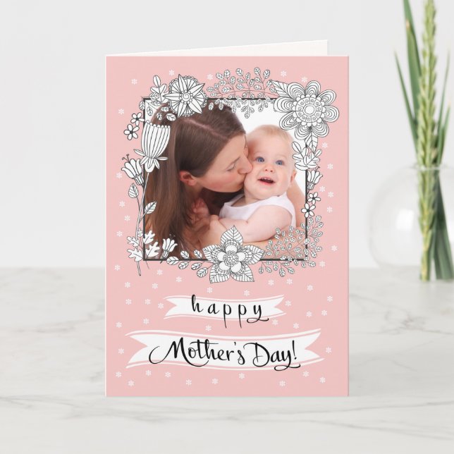 Happy Mother's Day. Floral Frame Custom Photo Card (Front)
