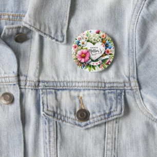 Happy Mothers Day Floral Heart  Button