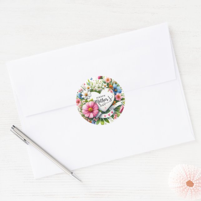 Happy Mothers Day Floral Heart  Classic Round Sticker (Envelope)