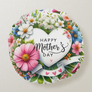 Happy Mothers Day Floral Heart Round Pillow