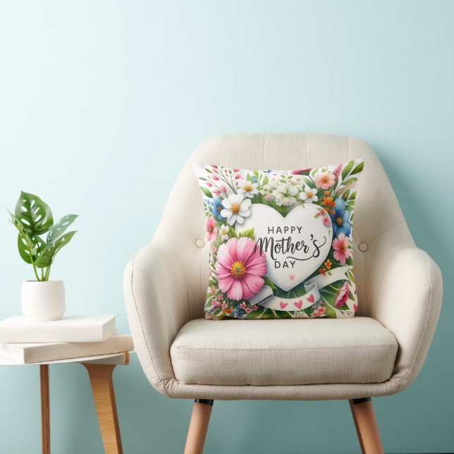 Happy Mothers Day Floral Heart  Throw Pillow (Chair)