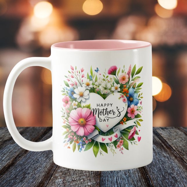 Happy Mothers Day Floral Heart  Two-Tone Coffee Mug (Creator Uploaded)