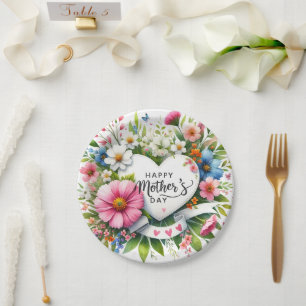 Happy Mothers Day Floral Hearts Paper Plates