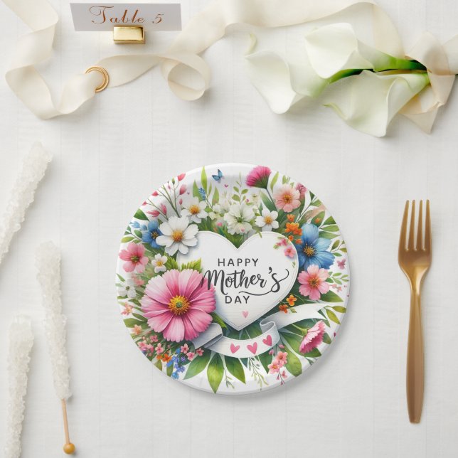 Happy Mothers Day Floral Hearts  Paper Plates (Wedding)