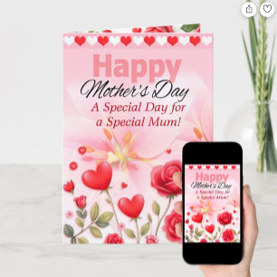 Happy Mothers Day Floral Hearts & Pink Flowers Holiday Card