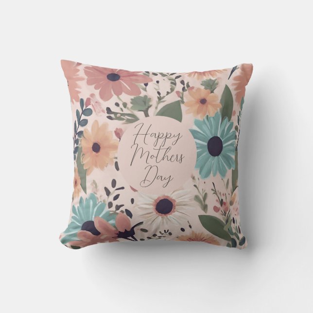 Happy Mothers Day Floral Mom Double Sided Throw Pillow (Front)