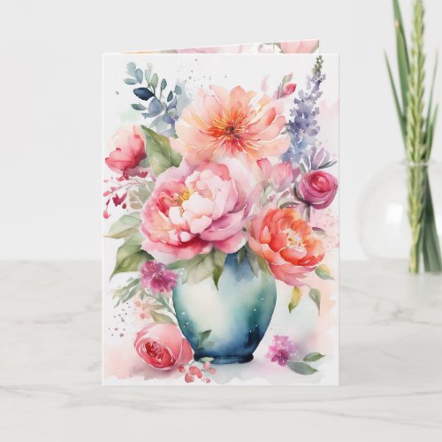 Happy Mothers Day Floral Vase Watercolor Style Card