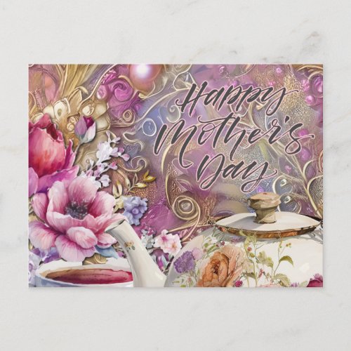Happy Mothers Day Flowers and Tea Party Postcard