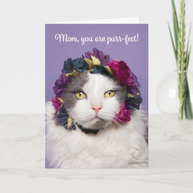 Happy Mother's Day For Mom Cute Cat in Flowers Holiday Card (Front)